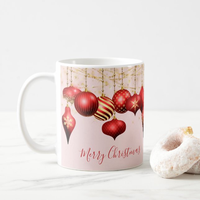 Caneca De Café Ornamentos Dourados vermelhos Feliz Natal (Com Donut)