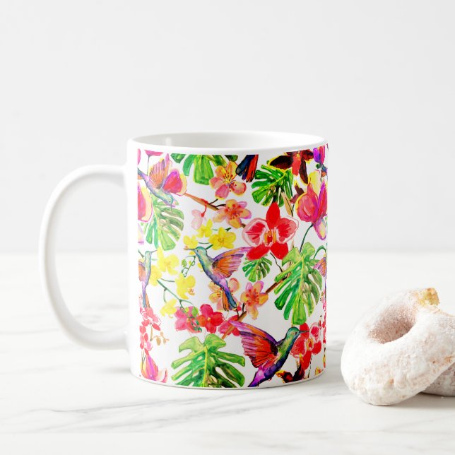 Caneca De Café Orquídeas E Aves De Flores Tropicais Elegantes (Com Donut)