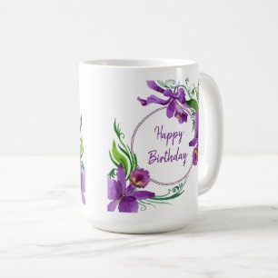 Caneca De Café Orquídeas Roxas Feliz Aniversário