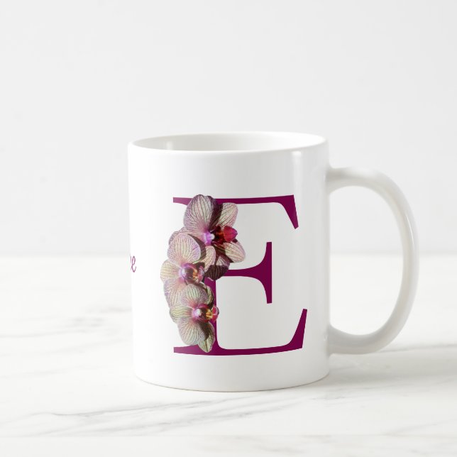 Caneca De Café Orquídeo Elegante Monograma Inicial E (Direita)
