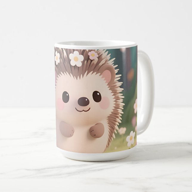 Caneca De Café ouriço Adorável com Flores Floresta Kawaii (Frente Esquerda)