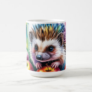 Caneca De Café ouriço colorido em aquarela com maçãs de outono