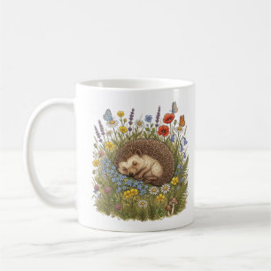 Caneca De Café ouriço dormindo na estética de prado de flores sil