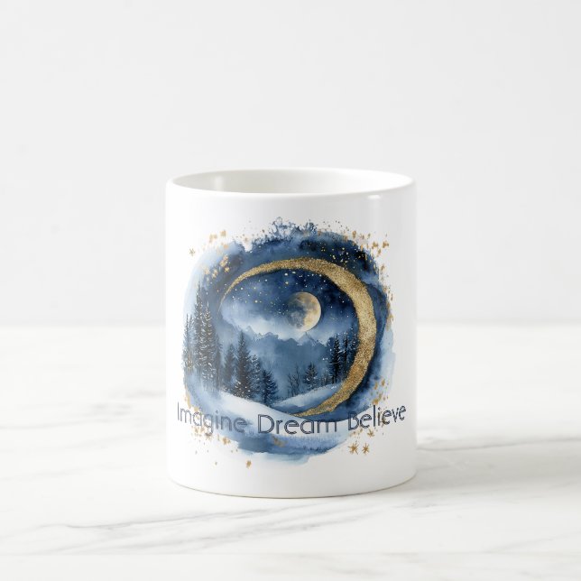 Caneca De Café Ouro Árvores Azuis Imagine Sonho Acredite   (Centro)