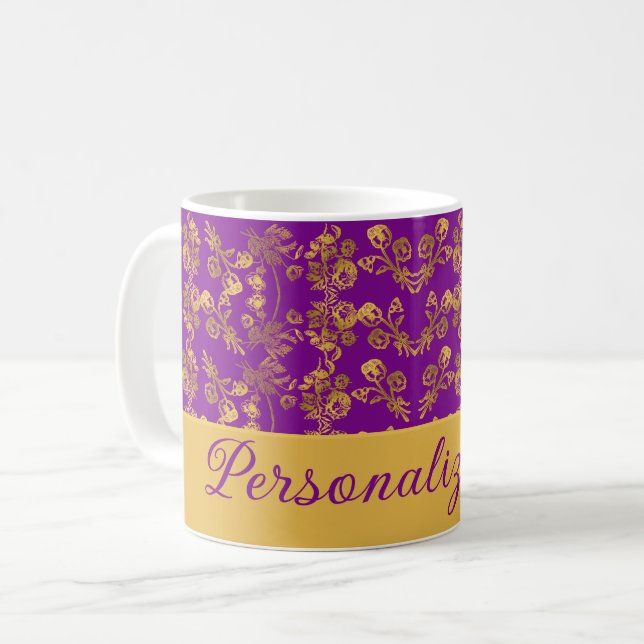 Caneca De Café Ouro chic Flores púrpura | Personalizado (Frente Esquerda)