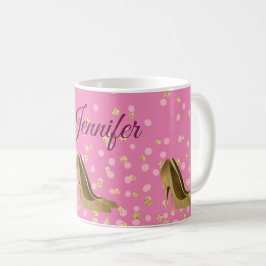 Caneca De Café Ouro Chic Stilettos Rosa 