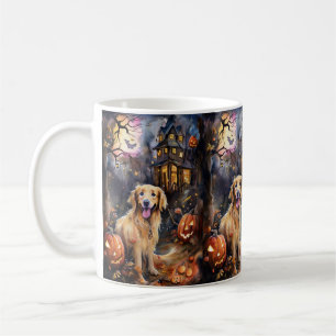 Caneca De Café Ouro De Halloween Retriever Com Pumpkins Assustado