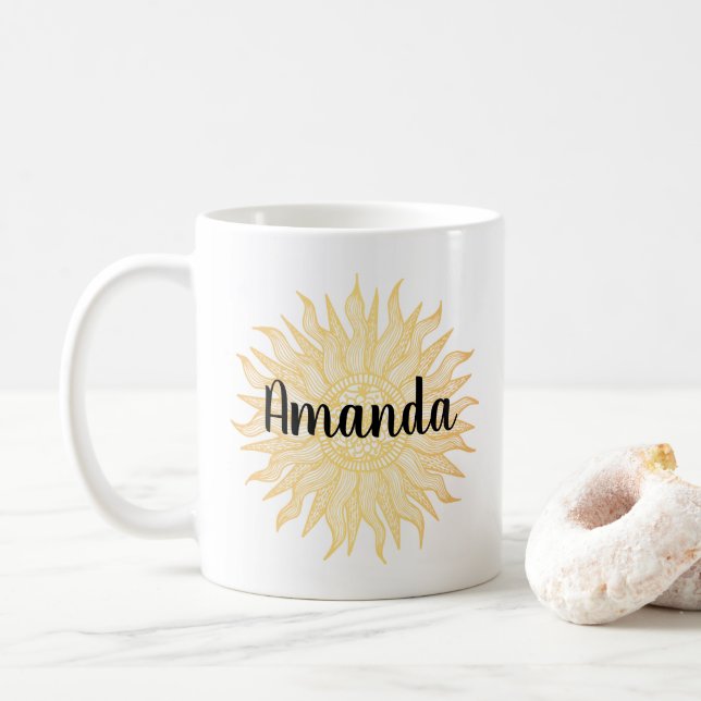 Caneca De Café Ouro de nome personalizado Sun Mandala Mug (Com Donut)
