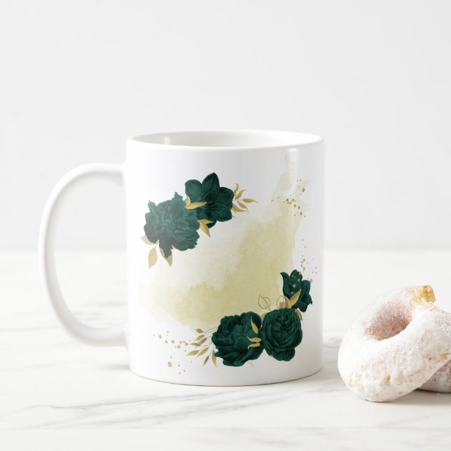 Caneca De Café ouro floral verde esmeraldo (Com Donut)