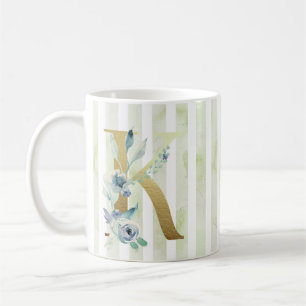 Caneca De Café Ouro K inicial em faixas azuis e brancas
