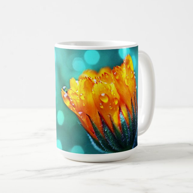 Caneca De Café Ouro Marigold no Teal Bokeh (Frente Esquerda)