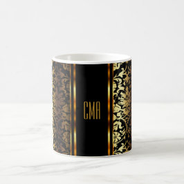 Caneca De Café Ouro metálico do monograma e damasco preto