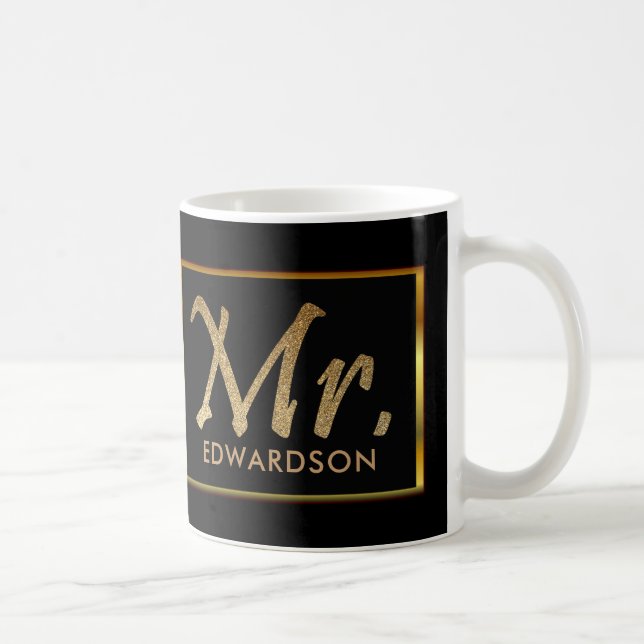 Caneca De Café Ouro moderno & Sr. preto casamento personalizado (Direita)