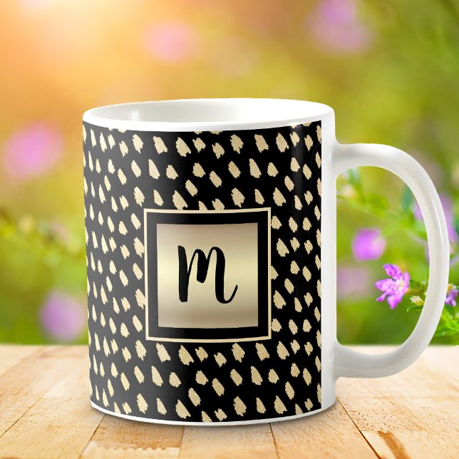 Caneca De Café Ouro preto monograma em folha de script pontos lux (Criador carregado)