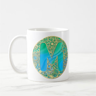 Caneca De Café Ouro, Turquesa Monograma M e Flores Coloridas