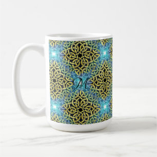 Caneca De Café Ouro Vitoriano Monograma Trim Aqua Fundo