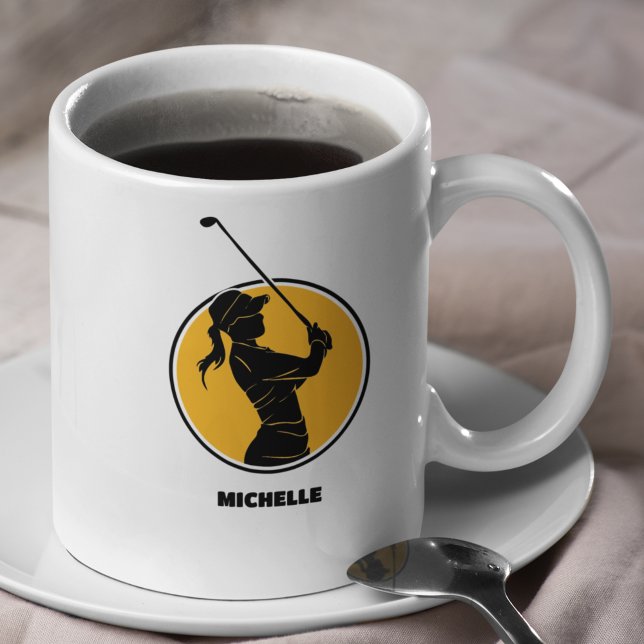 Caneca De Café Ouro Yellow Ladies Golf Silhouette (Criador carregado)