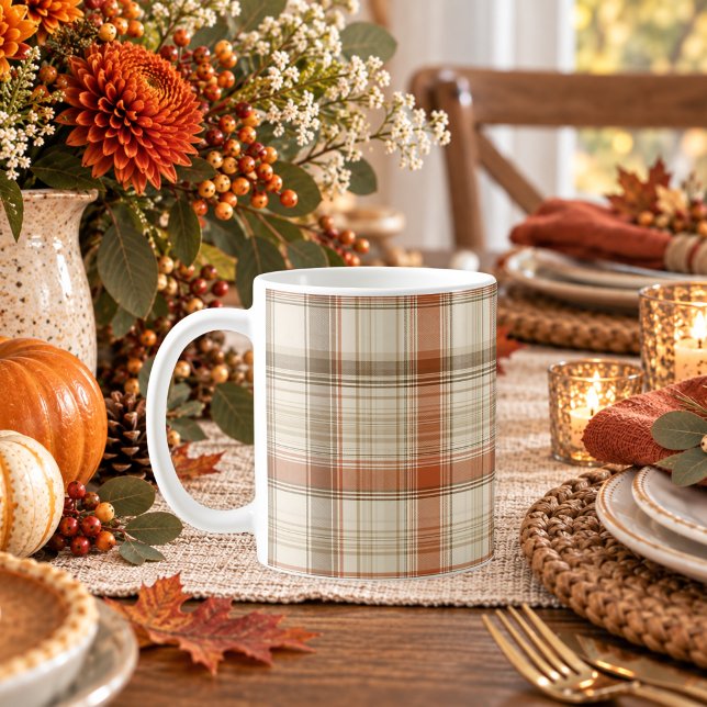 Caneca De Café Outono Clássico Xadrez Rústico Bege Marrom (Rustic Fall Autumn Classic Plaid Rust Cream Brown Coffee Mug)