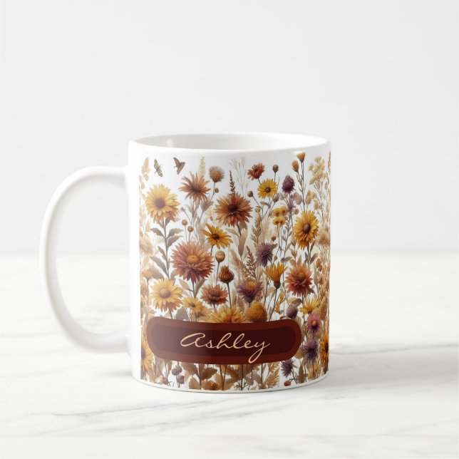 Caneca De Café Outono Flores Selvagens Deixa Castanho Laranja (Esquerda)