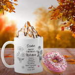 Caneca De Café Outubro Marigold e Cosmos Birthday Keepsaoket<br><div class="desc">Outubro na verdade tem duas flores e duas pedras de gema em comemoração aos aniversários deste mês: flores — marigold e cosmos; pedras de gema — tormalina rosa e opal. Este design apresenta tudo. Este design apresenta detalhes em branco, preto e as cores da gemstone. Juntamo-la com uma saudação de...</div>