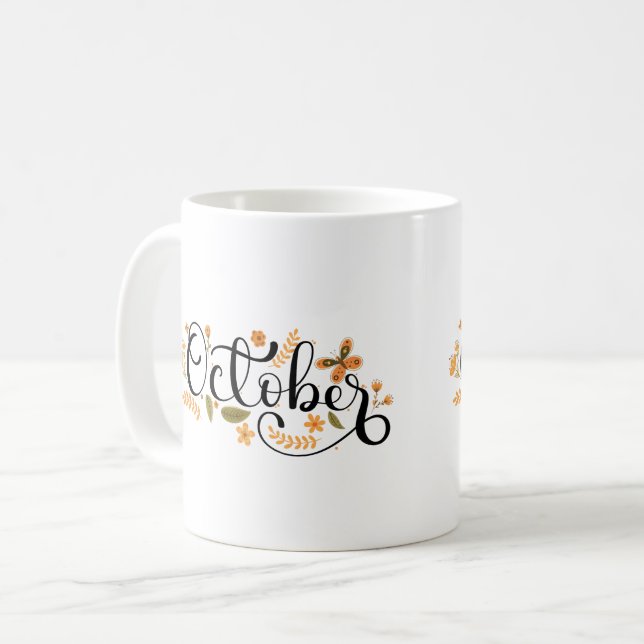 Caneca De Café Outubro Whimsy - Autumn Butterfly & Floral Script (Frente Esquerda)