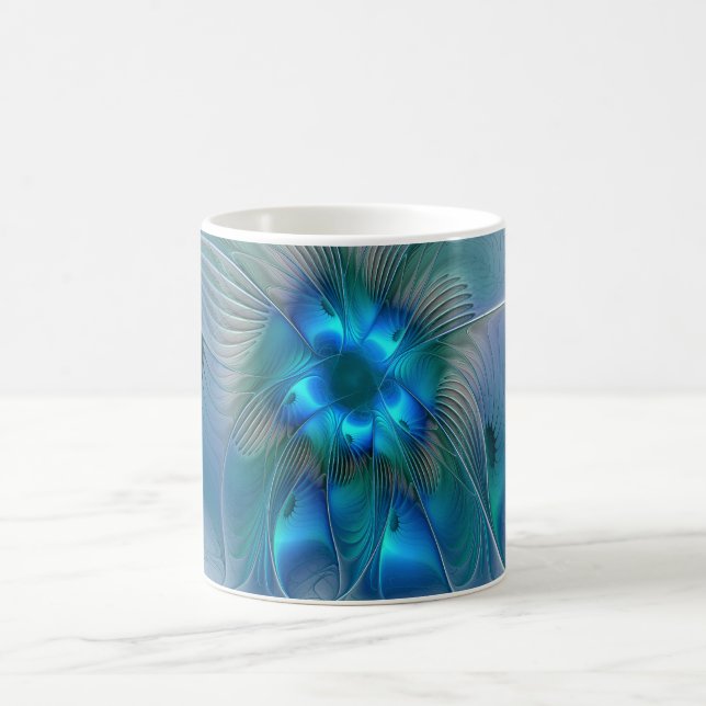 Caneca De Café Ovações de Pé, Fractal Azul Turquesa Abstrato (Centro)
