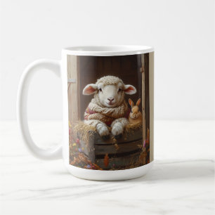 Caneca De Café Ovelhas e coelhos em celeiro com flores