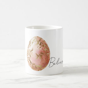 Caneca De Café Ovo de Páscoa Chic Branco Folhas Douradas Rosa Pri