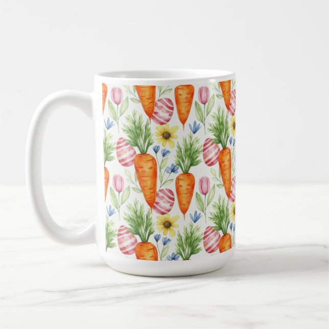 CANECA DE CAFÉ OVOS DE PÁSCOA CENOURAS LARANJAS FLORES AMARELAS (Esquerda)