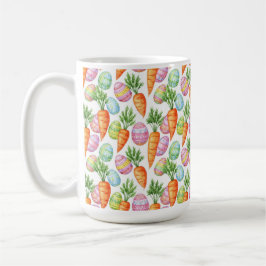 CANECA DE CAFÉ OVOS DE PÁSCOA COLORIDOS E CENOURAS LARANJAS