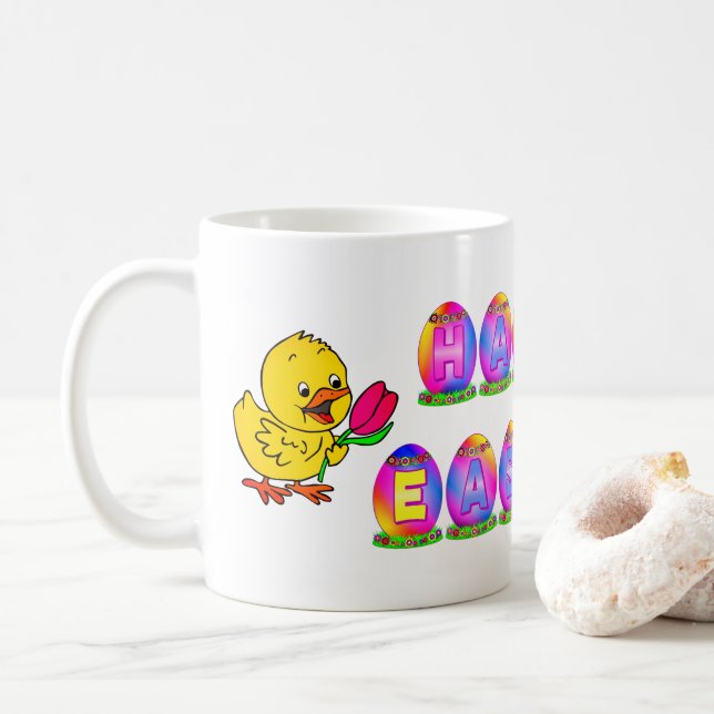 Caneca De Café Ovos Feliz Páscoa com Frango Amarelo & Tulipa (Com Donut)