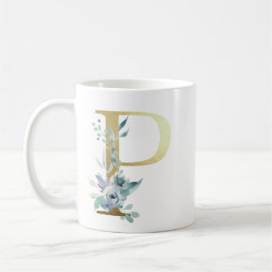Caneca De Café P, ouro inicial com folhagem floral azul