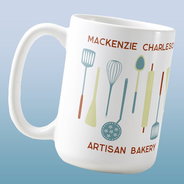 Caneca De Café Padaria Café Catering de Cozinha Retro (Retro kitchen utensils custom coffee mug for bakery, cafe, restaurant and catering business)