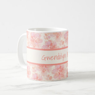 Caneca De Café Padrão Abstrato de Aquarela Floral em Pêssego e Ro
