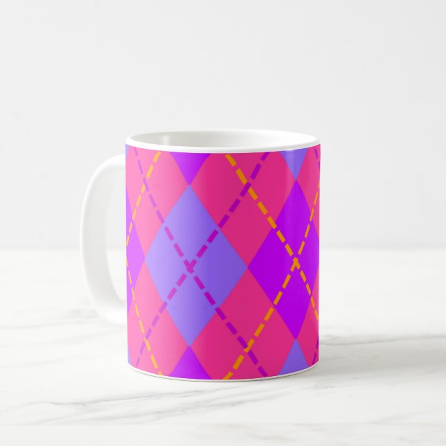 Caneca De Café Padrão Argyle Rosa e Azul Brilhante (Frente Esquerda)