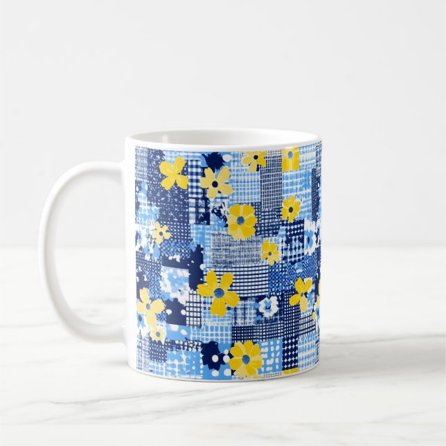 Caneca De Café Padrão Azul das Flores Amarelas (Esquerda)