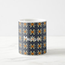 Padrão Azul Naval Laranja Floral Retro Personaliza