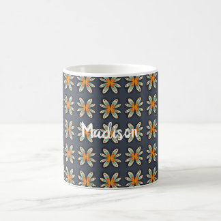 Caneca De Café Padrão Azul Naval Laranja Floral Retro Personaliza