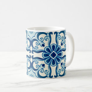 Caneca De Café Padrão Azulejos Azul de Azulejo Floral