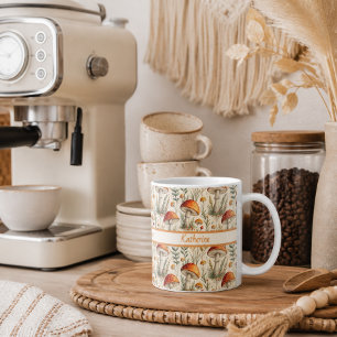 Caneca De Café Padrão Boho de Cogumelos da Floresta