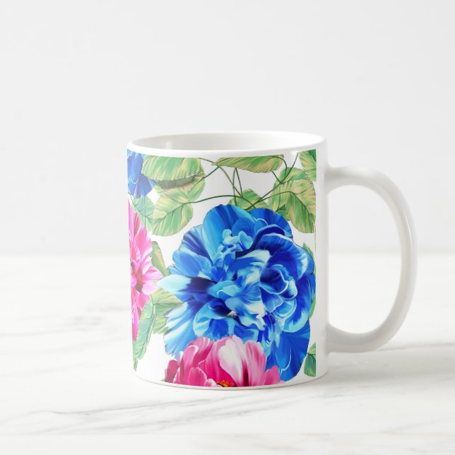 Caneca De Café Padrão Bonito Floral Azul e Rosa Brilhante (Direita)