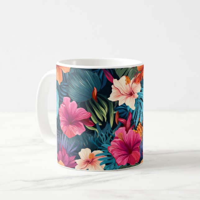 Caneca De Café Padrão Botânico de Hibiscus Exótico (Frente Esquerda)
