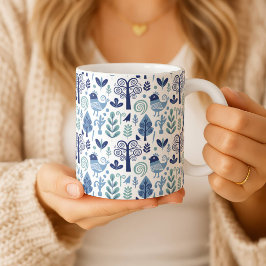 Caneca De Café Padrão Botânico e de Ave de Arte Folclórica Escand