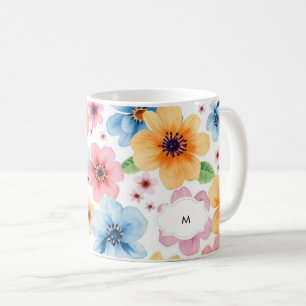 Caneca De Café Padrão botânico floral de aquarelas monograma