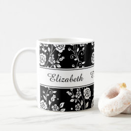 Caneca De Café Padrão Botânico Floral de Rosa Nome Impresso