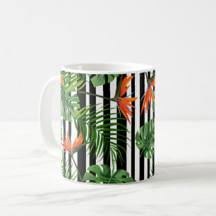 Caneca De Café Padrão Botânico Listrado de Monstera Tropical