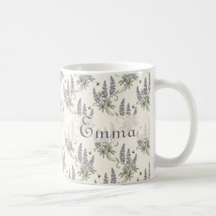 Caneca De Café Padrão Botânico Vintage Elegante de Lupino e Abelh