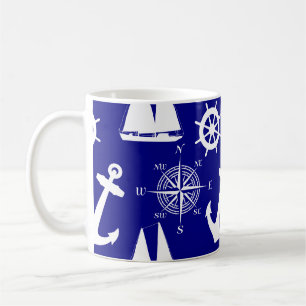 Caneca De Café Padrão Branco Azul Marinho Náutico