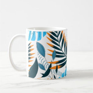 Caneca De Café Padrão Branco Brilhante de Folhas Tropicais