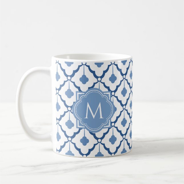Caneca De Café Padrão cerâmico chinês azul com monograma (Esquerda)